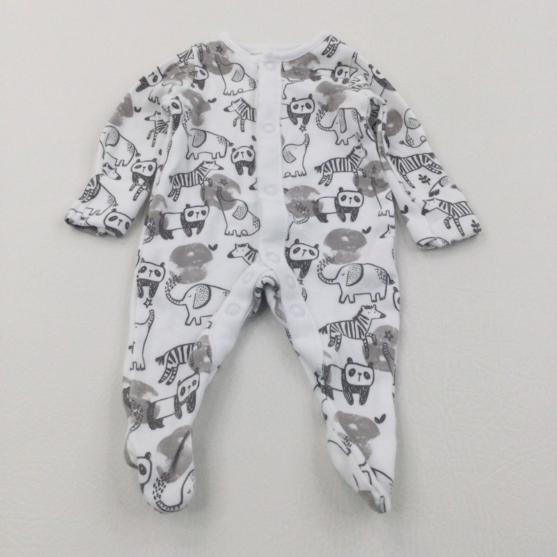 Wild Animals Grey & White Babygrow with Integrated Mitts - Boys/Girls Newborn