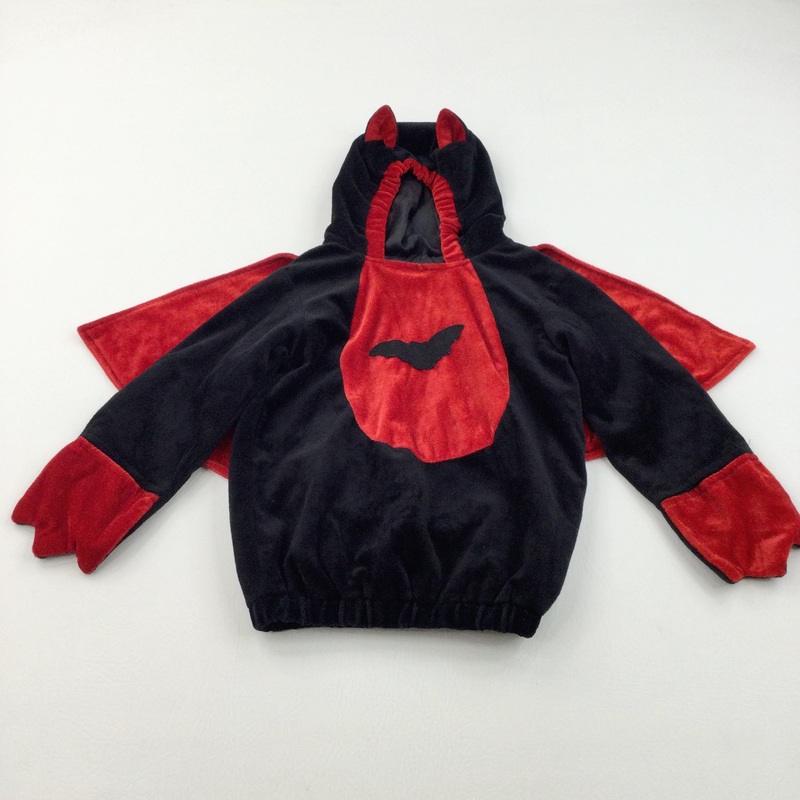 Bat Motif Black & Red Velour Hoodie Handmade Halloween Costume with Attached Cape & Ears - Boys 2-4 Years