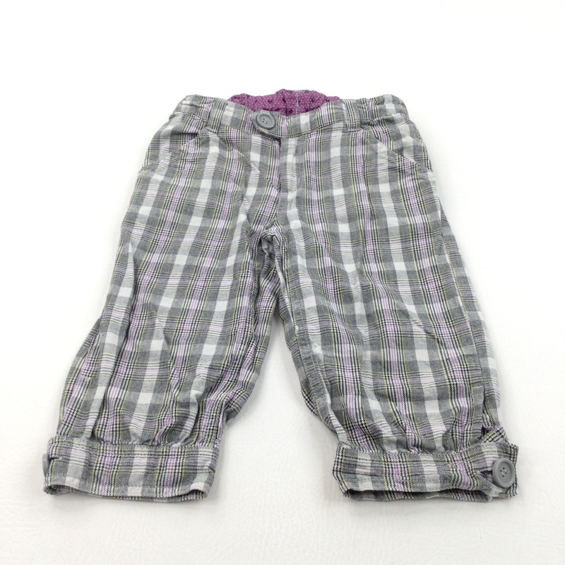 Black, Lilac, Yellow & White Checked Cotton Shorts/Cropped Trousers with Adjustable Waistband - Girls 4-5 Years