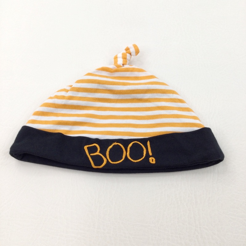'Boo' Black, Orange & White Striped Halloween Knotted Jersey Hat - Boys/Girls 9-12 Months