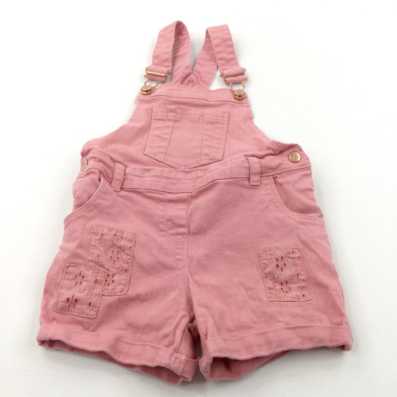 Broderie Panels Coral Pink Cotton Twill Short Dungarees - Girls 5-6 Years