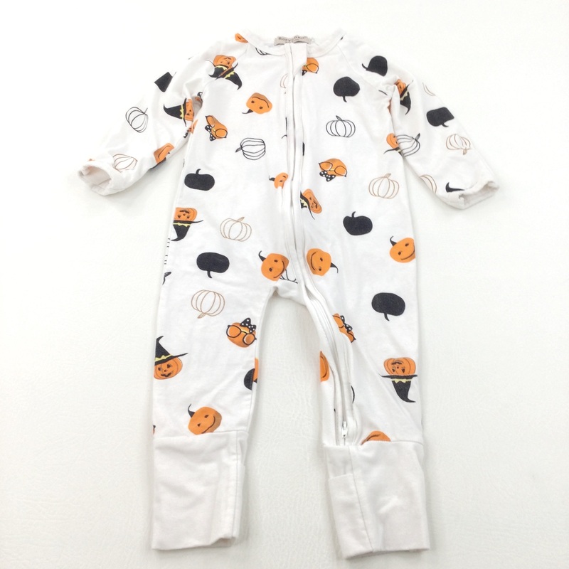 Pumpkins & Witches Hats White, Black & Orange Jersey Halloween Romper - Boys/Girls 12-18 Months