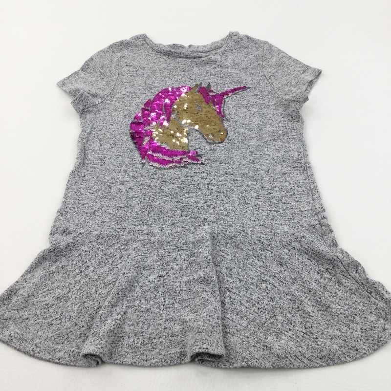 Sequin Flip Unicorn Grey Mottled Jersey Dress - Girls 8 Years