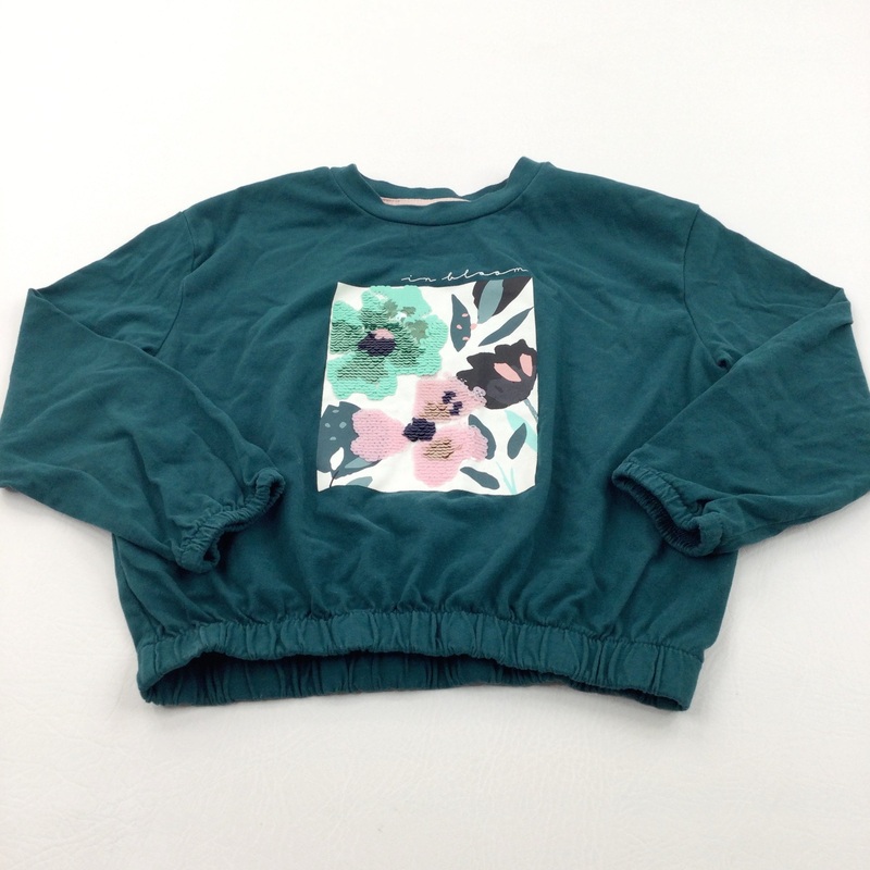 Sequin Flowers Bottle Green Long Sleeve Top - Girls 5-6 Years