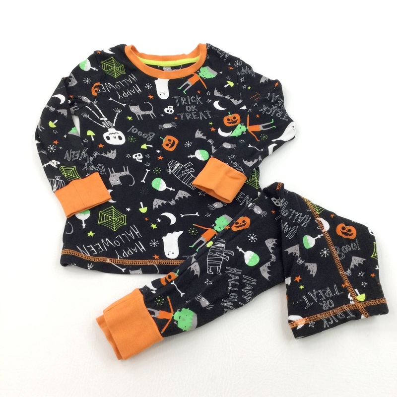 'Trick Or Treat' Halloween Scenes Black & Orange Pyjamas - Boys/Girls 2-3 Years