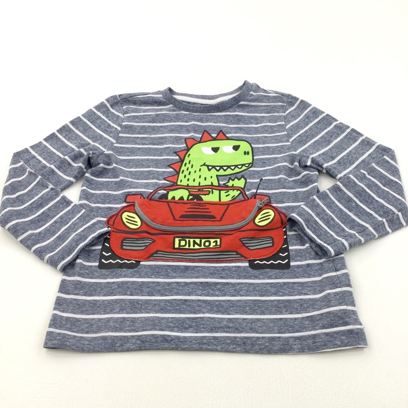 Zip Bonnet Dinosaur & Car Blue & White Striped Long Sleeve Top - Boys 6-7 Years