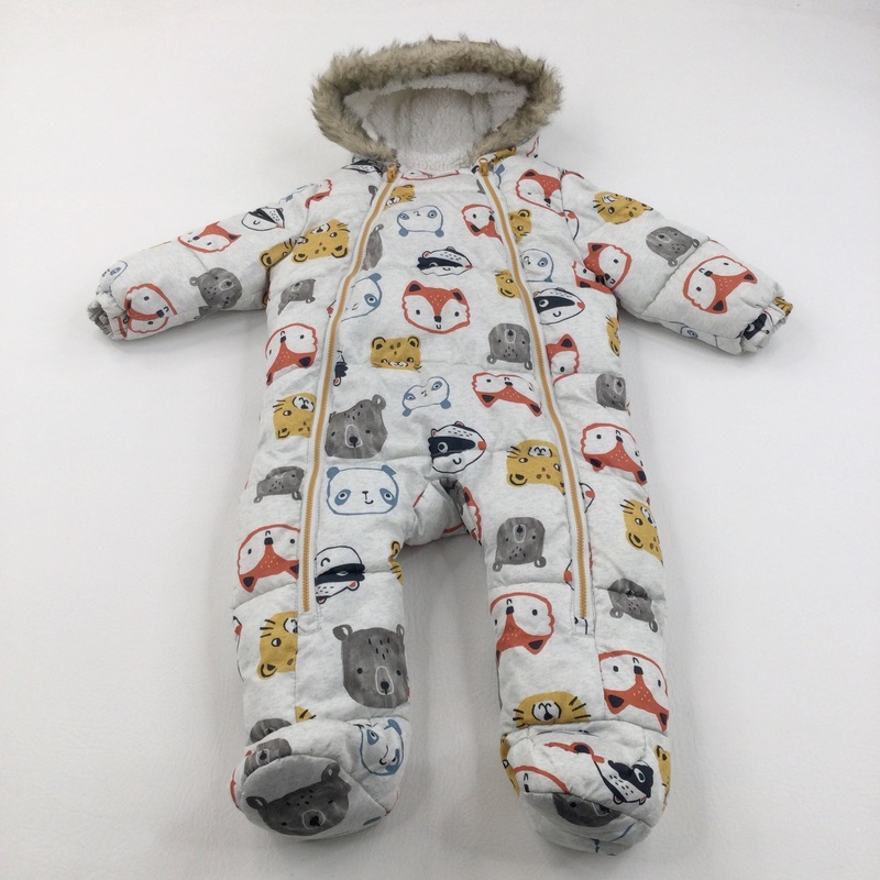 Animal Faces Grey Mottled Fleece Lined Pramsuit - Boys 9-12 Months
