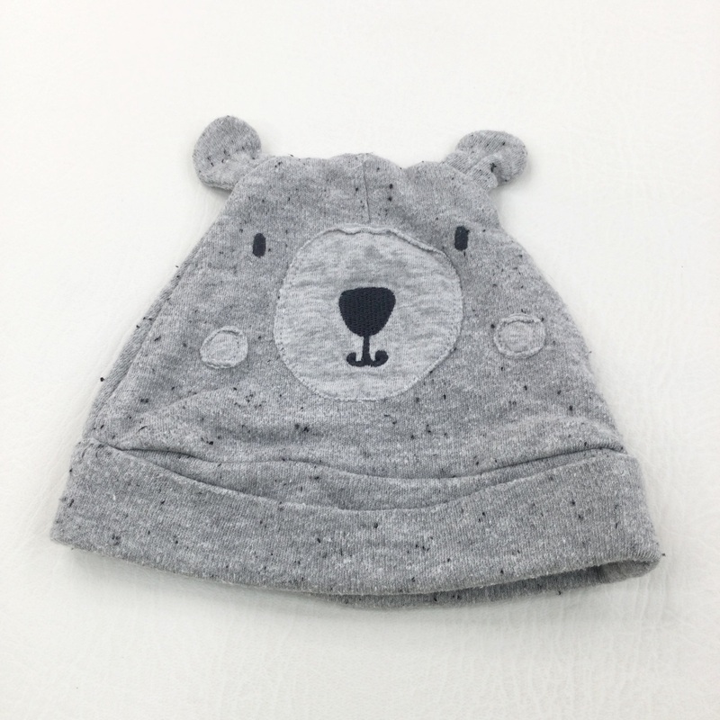 Bear Face Appliqued Grey Jersey Hat with Ears - Boys 3-6 Months