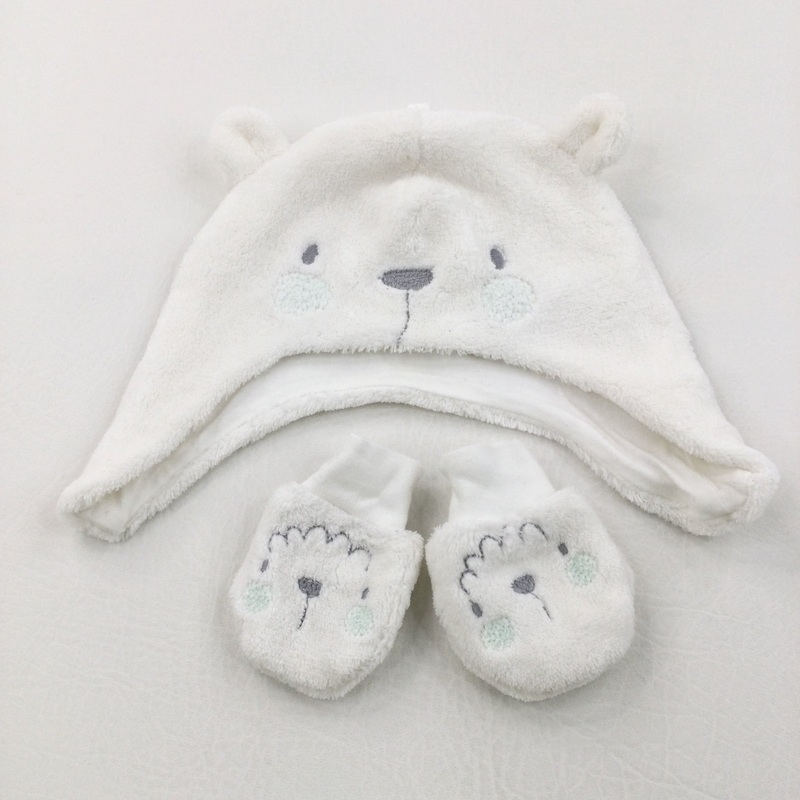 Bear Face Embroidered White Velour Hat with Ears & Matching Mittens - Boys/Girls 3-6 Months