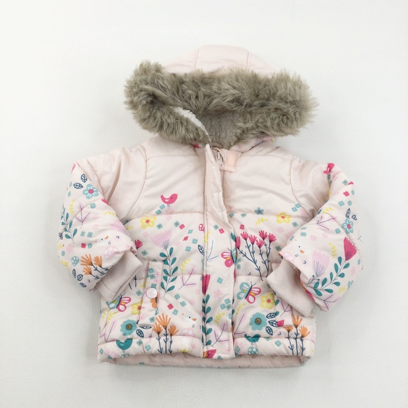 Birds & Flowers Pale Pink Padded Coat with Hood - Girls 9-12 Months