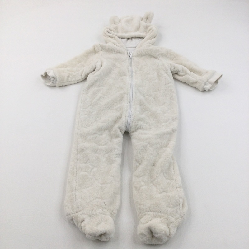 Cream Jersey Lined Fleece Pramsuit with Hood & Ears - Boys/Girls 9-12 Months