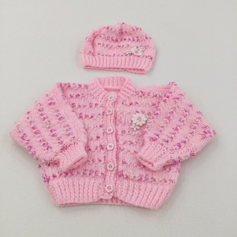 Flowers Appliqued Pink Handknitted Cardigan & Hat Set - Girls 0-3 Months