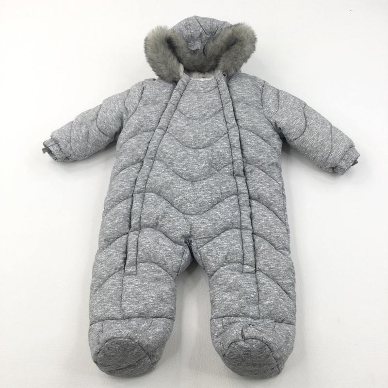 Grey Mottled Thick Padded Pramsuit with Faux Fur Lined Hood - Boys 3-6 Months
