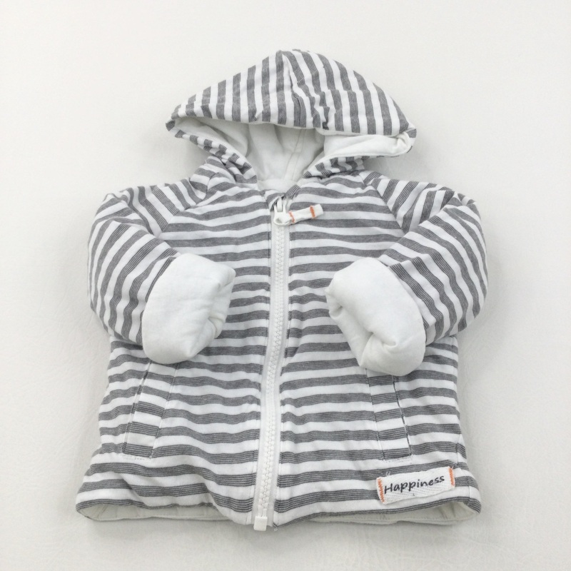 'Happiness' Grey & White Striped Jersey Coat with Hood - Boys/Girls 3-6 Months