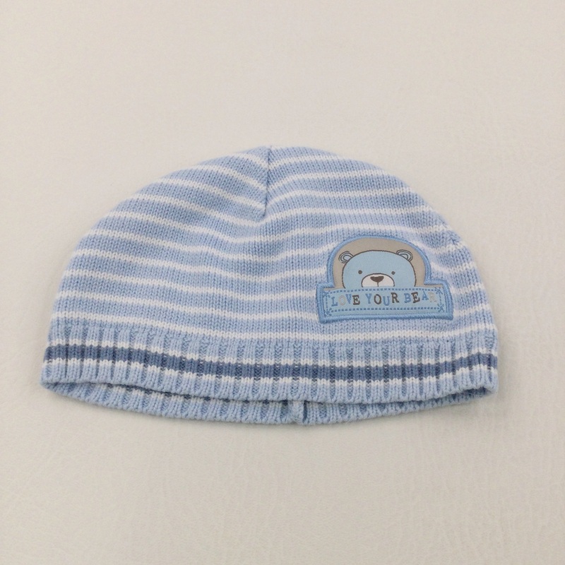 'Love Your Bear' Blue & White Striped Knitted Hat - Boys/Girls 0-6 Months