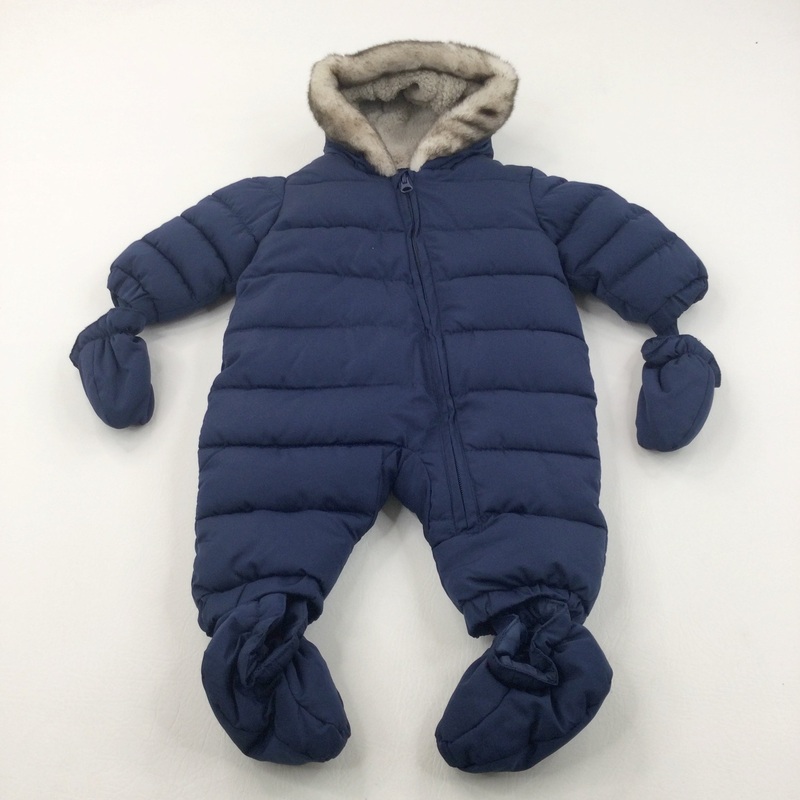 Navy Fleece Lined Pramsuit with Hood & Detachable Mitts & Feet - Boys 3-6 Months