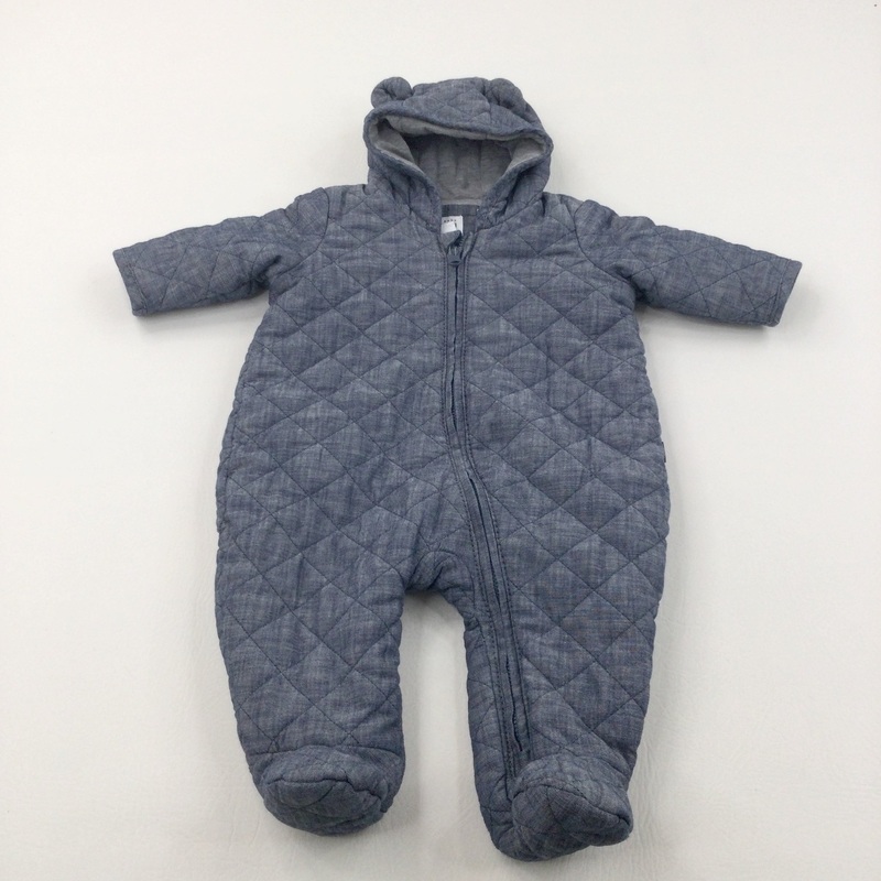 Navy Quilted Jersey Lined Pramsuit with Hood & Ears - Boys 3-6 Months