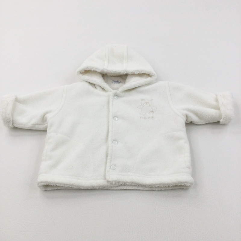 'Next' Teddy Bear Embroidered White Popper Up Velour Coat with Hood - Boys/Girls Newborn