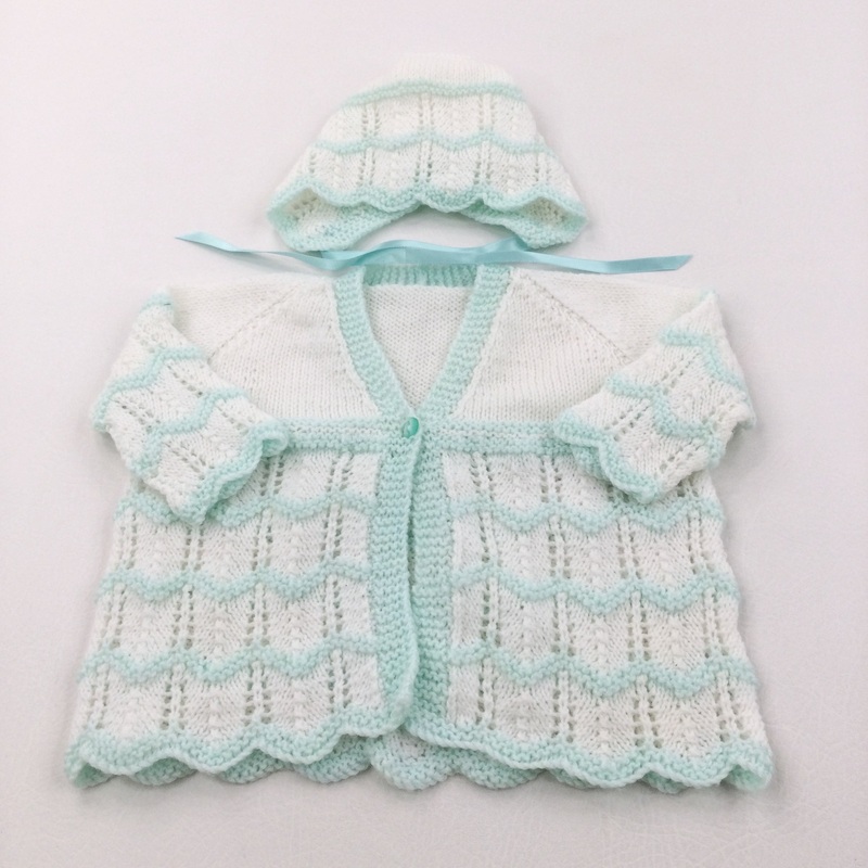 Pale Blue/Green & White Handknitted Cardigan & Hat with Ribbon Straps Set - Girls 0-3 Months