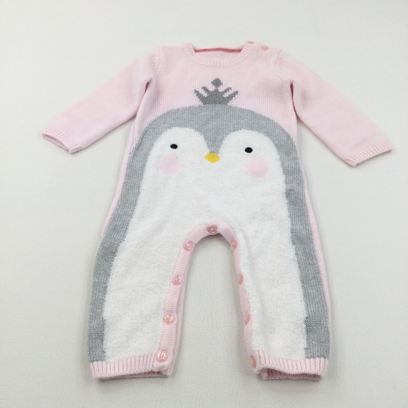 Penguin Pink & Grey Knitted Romper - Girls 9-12 Months