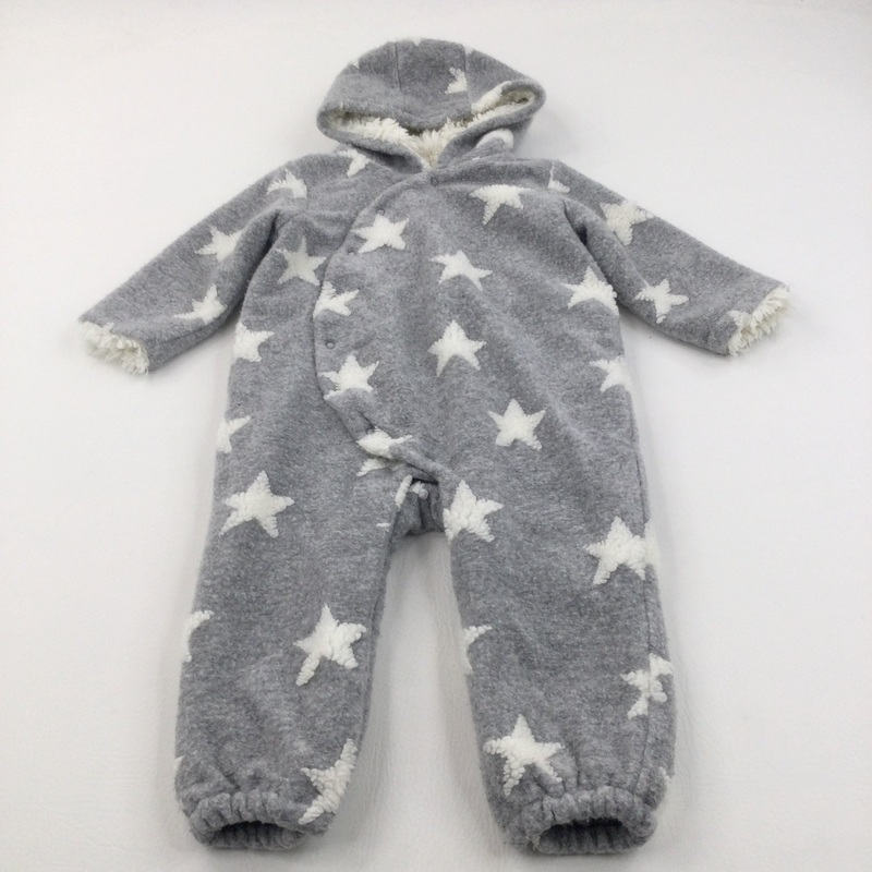 Stars White & Grey Thick Fleece Pramsuit with Hood - Boys/Girls 12-18 Months