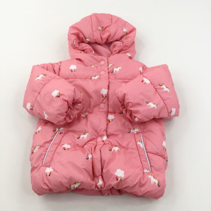 Unicorns & Clouds Pink Padded Fleece Lined Coat with Hood - Girls 9-12 Months