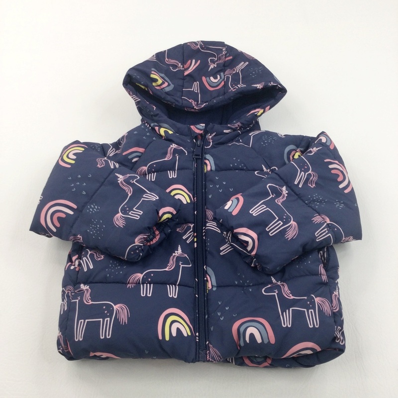 Unicorns & Rainbows Navy Padded Coat with Hood - Girls 12-18 Months