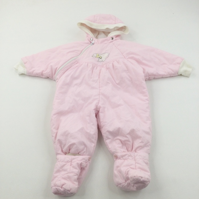 Vintage Bear Appliqued Pink Pramsuit with Hood & Detachable Feet