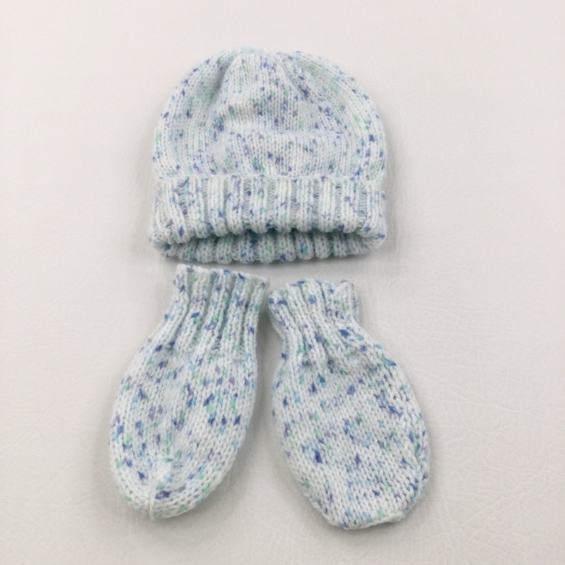 White, Blue & Green Speckled Handknitted Hat & Mittens Set - Boys/Girls 6-12 Months