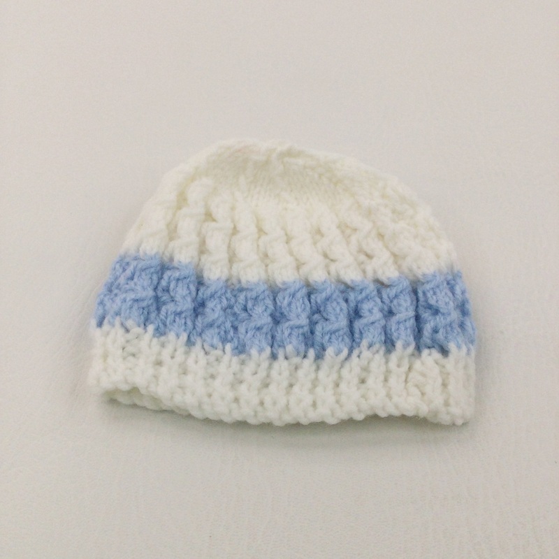 White & Blue Handknitted Hat - Boys Newborn