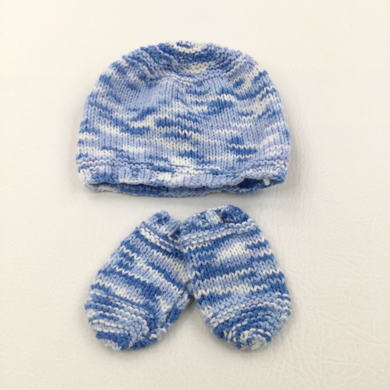 White & Blue Handknitted Hat & Mitts Set - Boys 3-9 Months