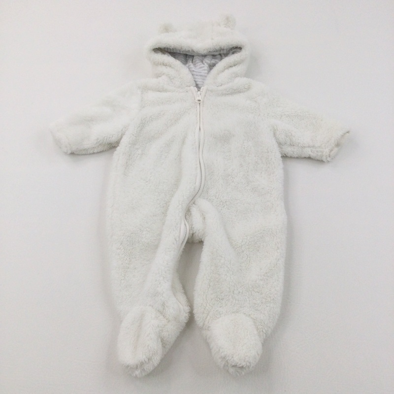 White Fluffy Fleece Pramsuit with Hood & Ears - Boys/Girls 0-3 Months