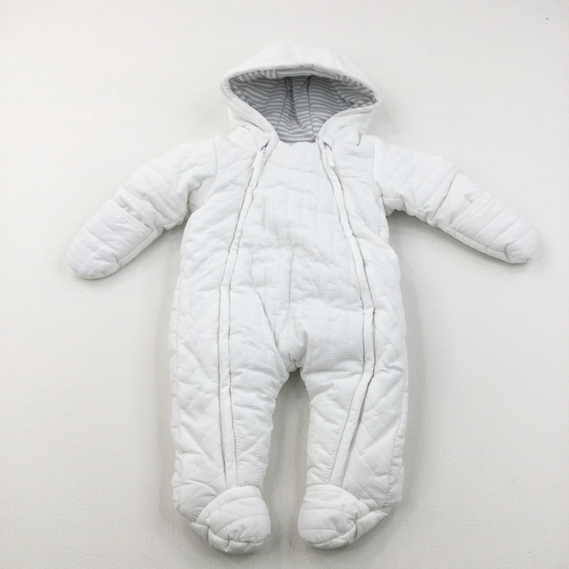 White Jersey Lined Padded Pramsuit with Hood & Integrated Mitts - Boys/Girls 3-6 Months