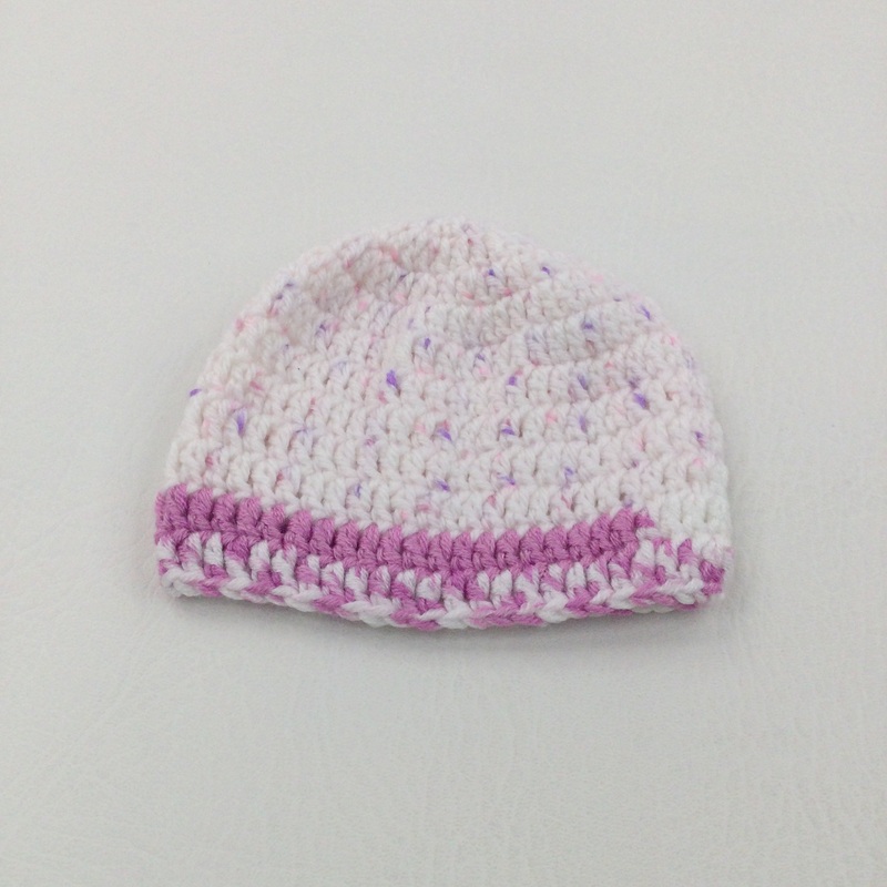 White & Pink Speckled Handknitted Hat - Girls Newborn