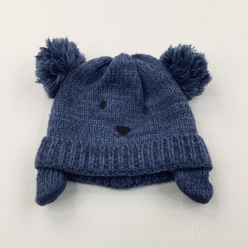 Bear Face Navy Fleece Lined Knitted Hat with Bobbles - Boys 12-24 Months
