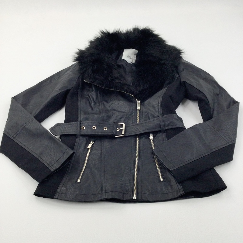 Black Faux Leather Jacket with Fluffy Faux Fur Collar - Girls 11-12 Years
