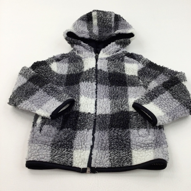 Black, Grey & White Checked Zip Up Fleece Jacket with Hood - Boys 2-3 Years