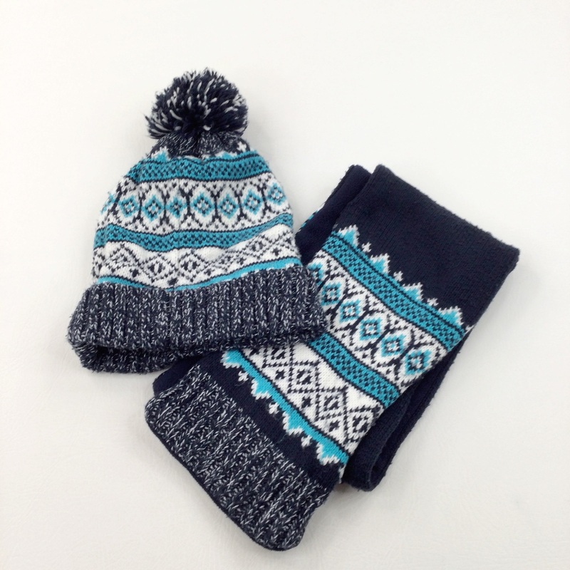 Blue, Navy & White Fleece Lined Hat & Scarf Set - Boys 7-10 Years