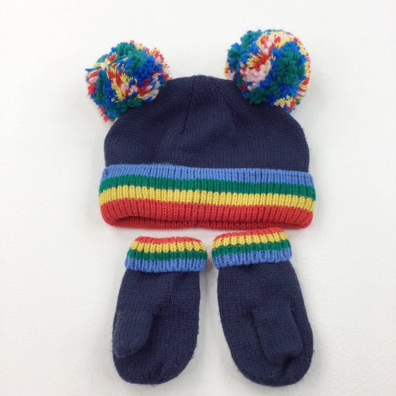 Colourful Knitted Bobble Hat & Mittens Set - Boys/Girls 3-4 Years