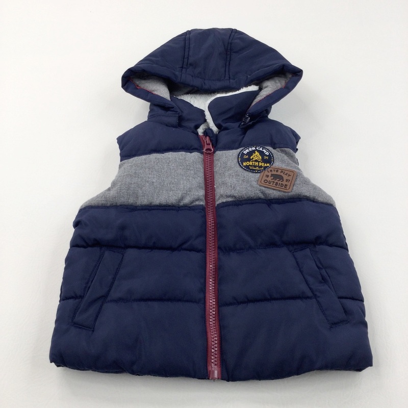 'Let's Play Outside' Navy & Grey Padded Gilet with Hood - Boys 12-18 Months
