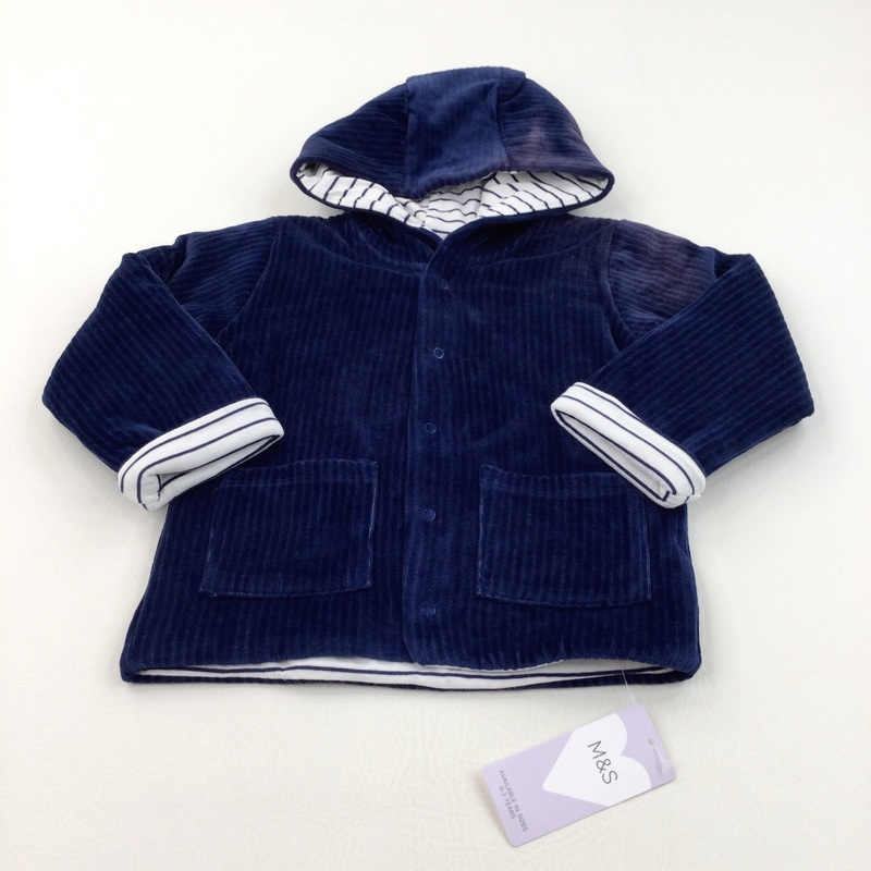 **NEW** Navy Striped Lined Velour Jacket with Hood - Boys 2-3 Years