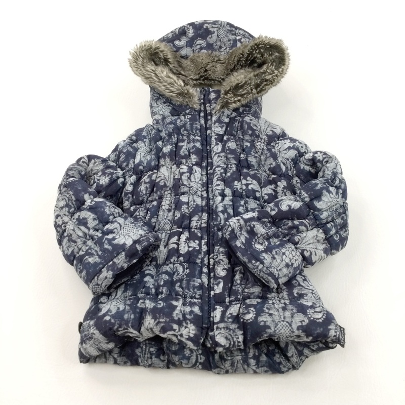 Patterned Grey & Navy Padded Coat with Hood - Girls 2-3 Years