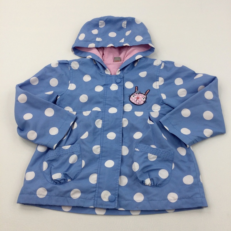Rabbit Appliqued Spotty Blue, White & Pink Lightweight Jacket with Hood - Girls 3-4 Years