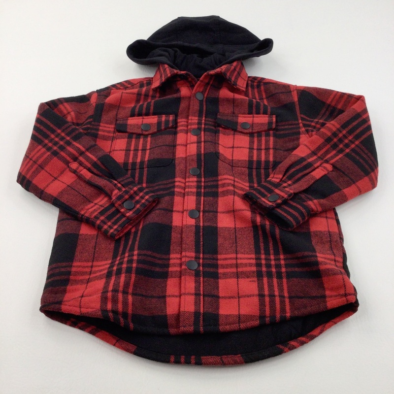 Red & Black Checked Lined Shirt Coat with Jersey Hood - Boys 8 Years