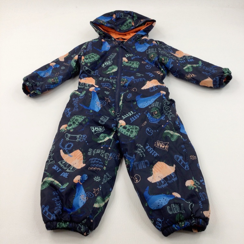 Skating Dinosaurs Colourful Navy Padded Puddlesuit - Boys 2-3 Years