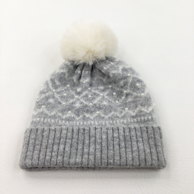 Sparkly Beaded Grey & White Knitted Bobble Hat - Girls 7-10 Years