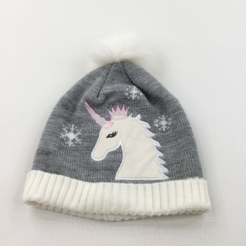 Unicorn Appliqued Grey & Cream Knitted Bobble Hat - Girls 7-10 Years