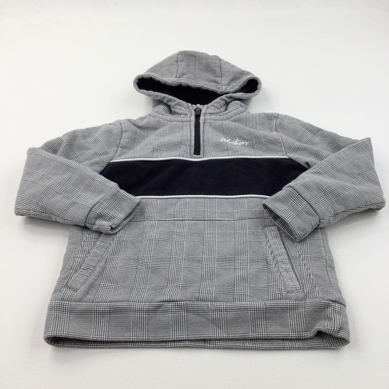 'Whatever' Black & White Checked Fleece Lined Half Zip Fabric Coat with Hood - Boys 7-8 Years