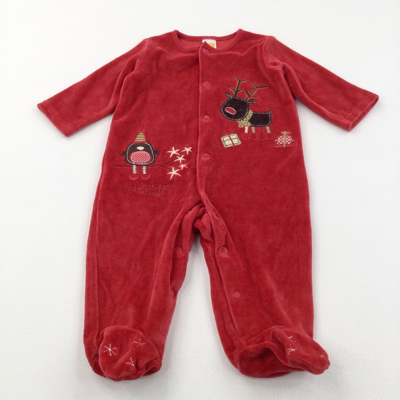 'Christmas Friends' Reindeer & Robin Appliqued Red Velour Babygrow - Boys/Girls 0-3 Months