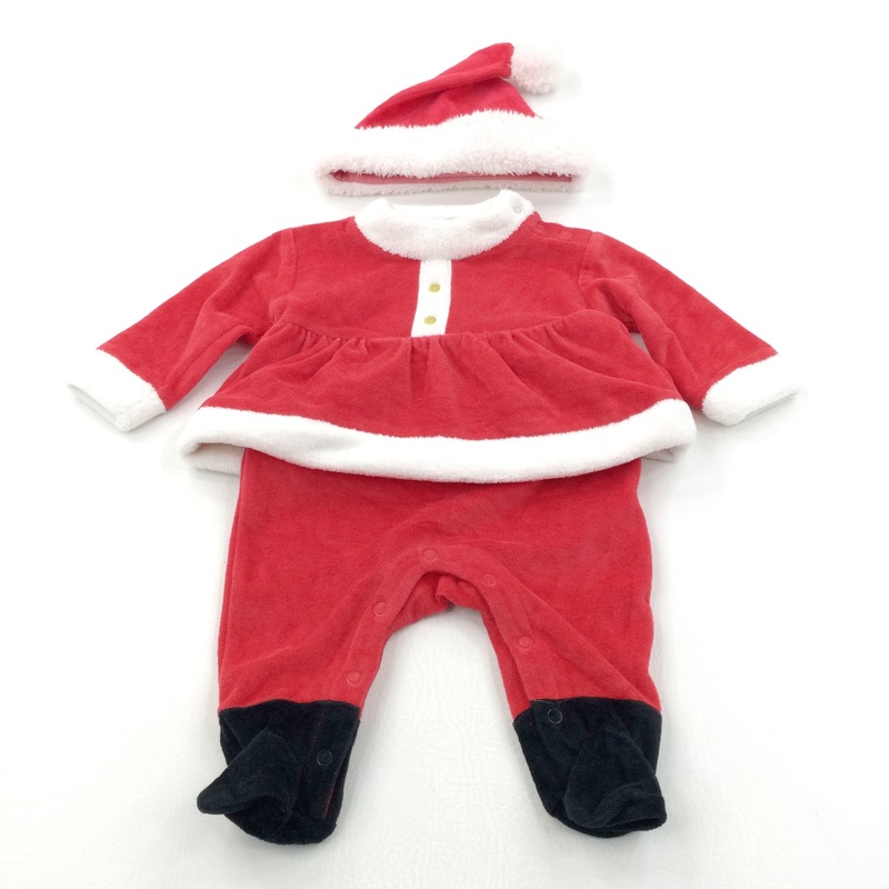Father Christmas Red & White Velour Pramsuit & Hat Set - Boys/Girls 0-3 Months